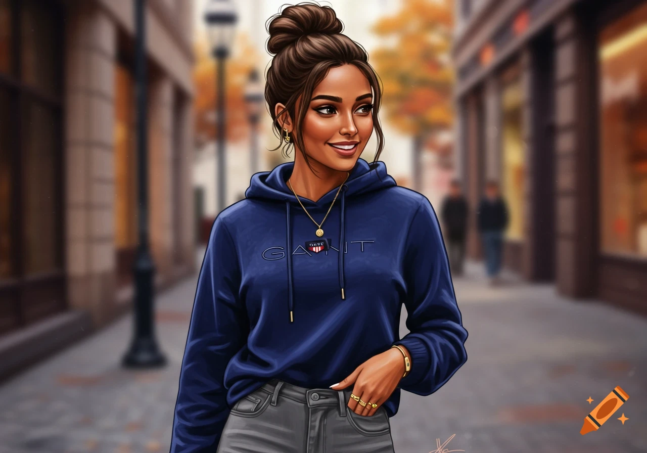 A stylish illustrated woman with dark hair in a bun, wearing a blue Gant hoodie, gray jeans, and gold jewelry, smiles in an urban street.
