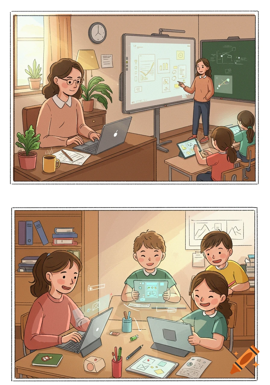 Cartoon illustration of a teacher and children learning and using digital technology in a classroom and study setting.