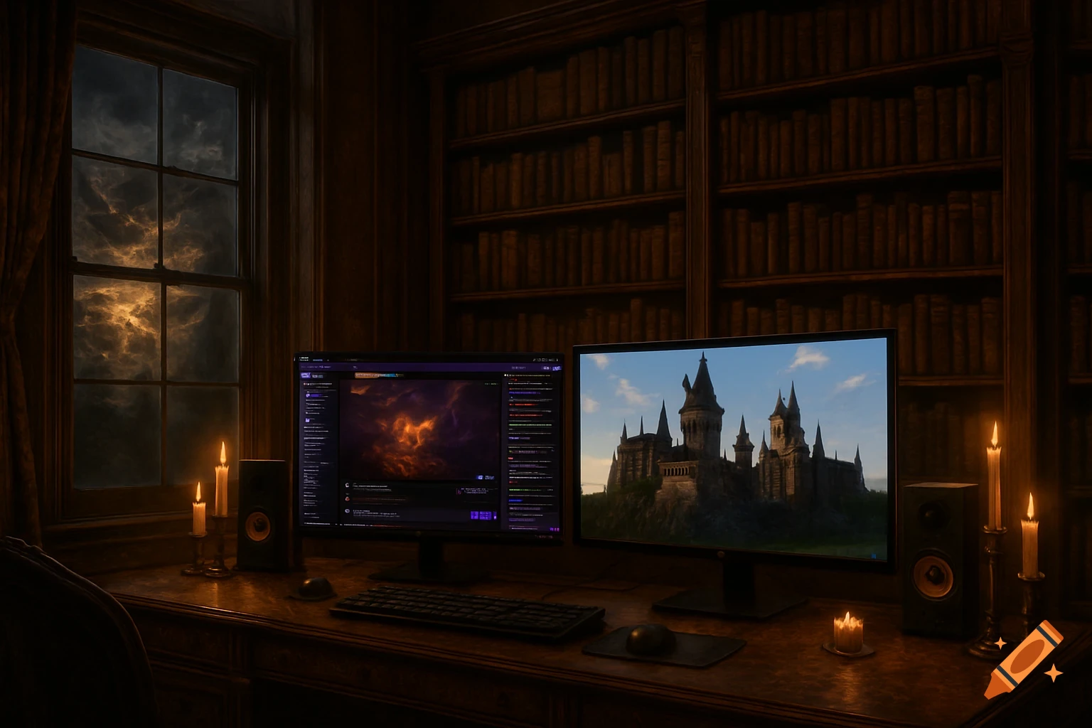 Dark academia room with a gaming setup: two monitors display a stream and Hogwarts castle, lit by candles and a stormy sky.
