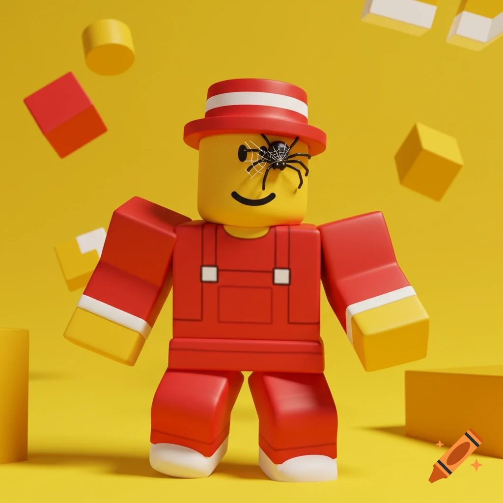 A yellow Roblox character in red overalls and a red hat with white stripes, a spider on its left eye, against a yellow background with colorful blocks.