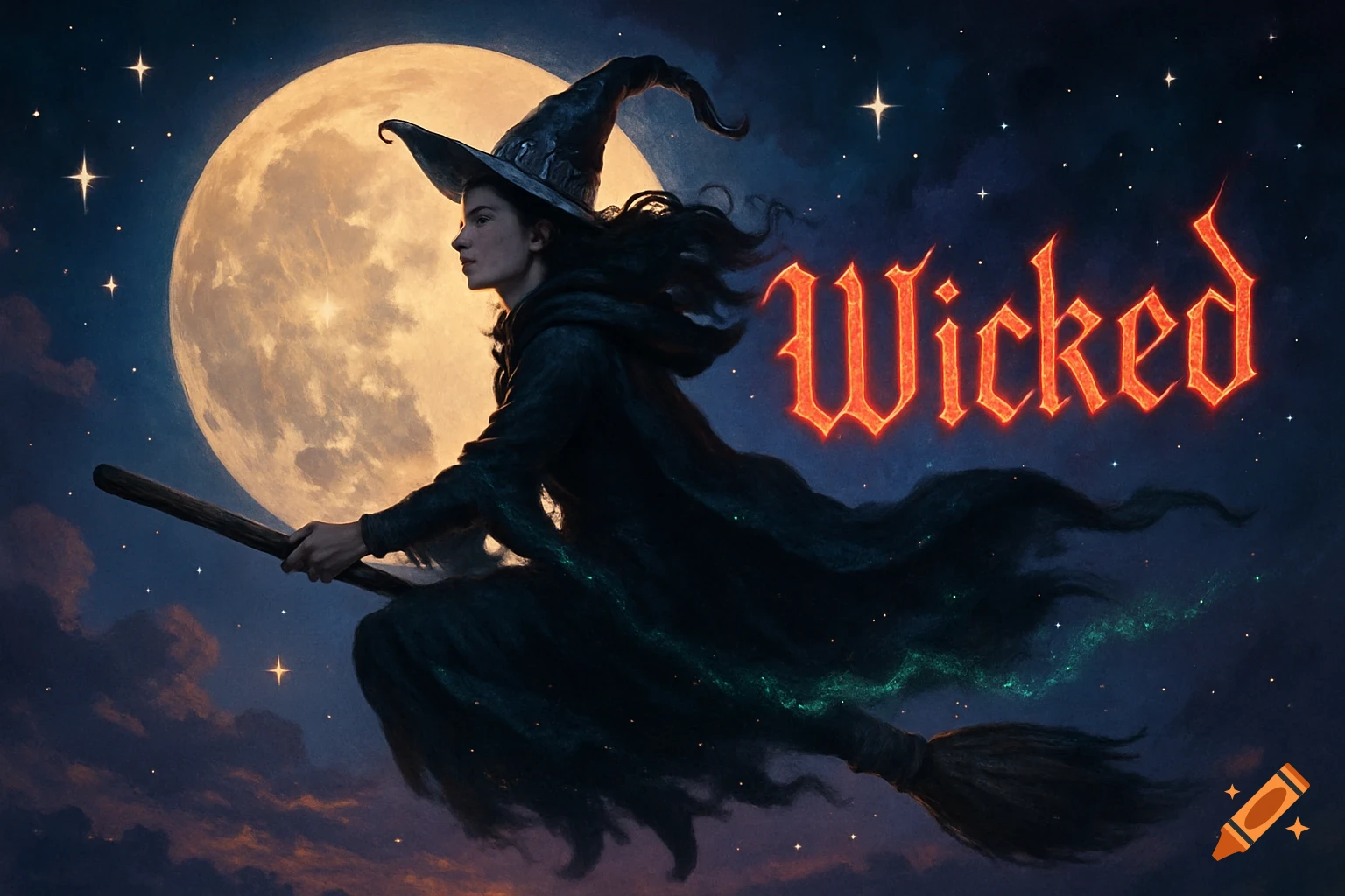A witch in a dark robe flies on a broomstick across a star-filled night sky with a large full moon, and the glowing red word 'Wicked'.