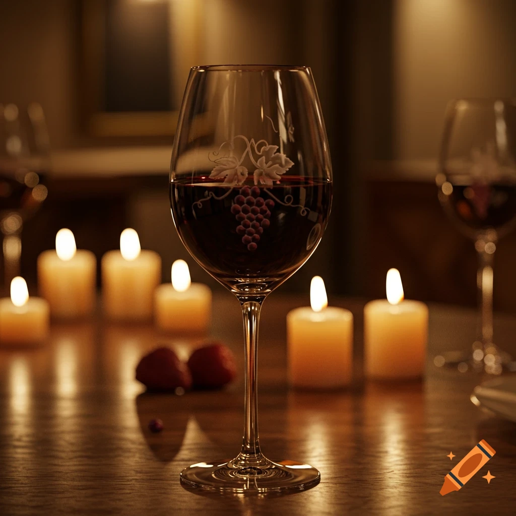 A glass of red wine with an etched grape design sits on a wooden table, surrounded by lit candles and strawberries in a dimly lit, romantic setting.