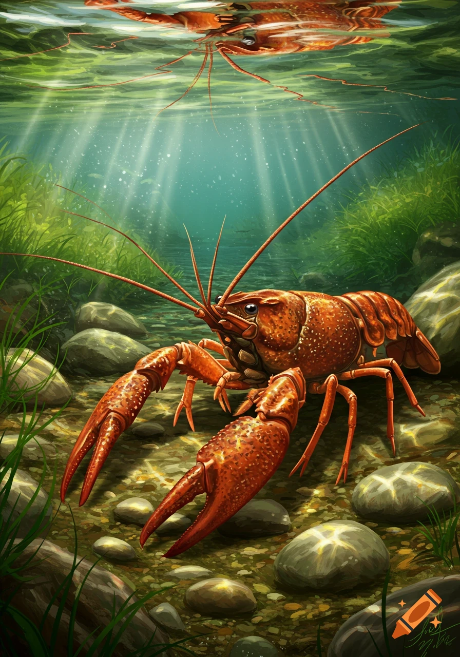 Vibrant illustration of a rusty crayfish on a rocky riverbed, with its reflection visible on the water's surface.