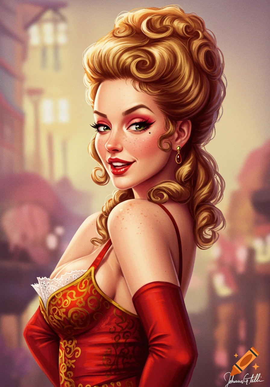Pin-up illustration of a stylish woman with blonde curly hair, red dress, and red gloves, smiling flirtatiously.