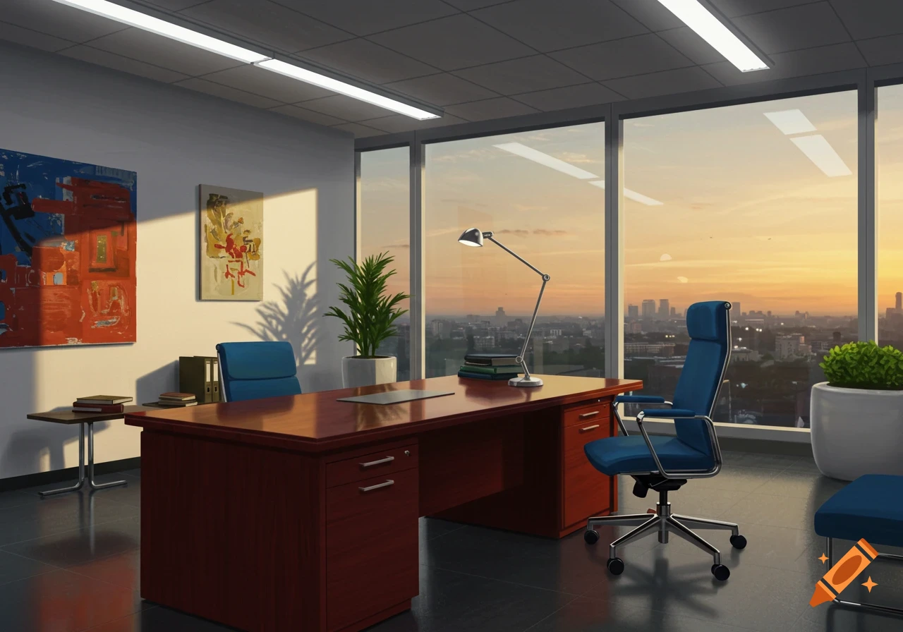 A modern office with a large wooden desk, blue chairs, abstract art, and a large window overlooking a city at sunset.