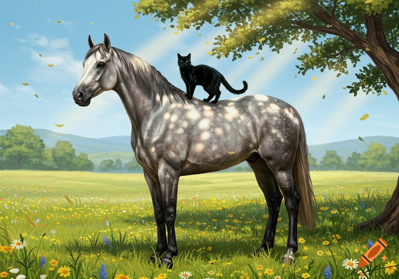 A black cat stands on the back of a dapple gray horse in a sunny meadow with wildflowers, under a tree.
