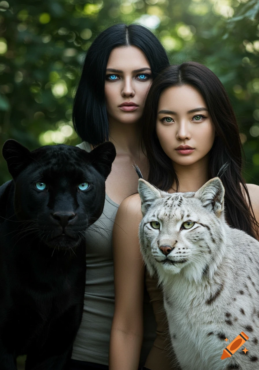 A Caucasian woman with black hair and blue eyes stands next to a black panther with blue eyes. A Korean woman with dark hair and green eyes stands next to a white lynx with green eyes, all in a forest setting.