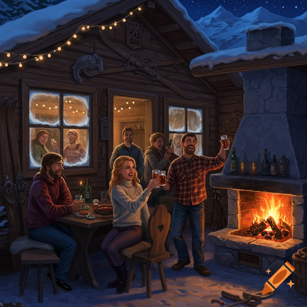 People socializing and toasting with drinks outside a snowy cabin with a roaring fireplace at night, illustration.