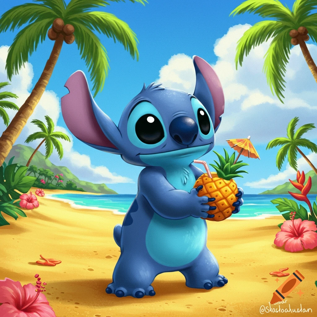 Stitch holding a pineapple drink on a sunny tropical beach with palm trees and hibiscus flowers, in a colorful cartoon style.