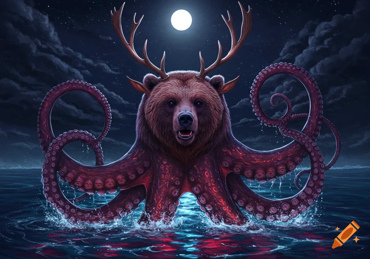 A monstrous hybrid creature with a bear's head, deer antlers, and a red-purple octopus body emerges from dark water at night under a full moon.