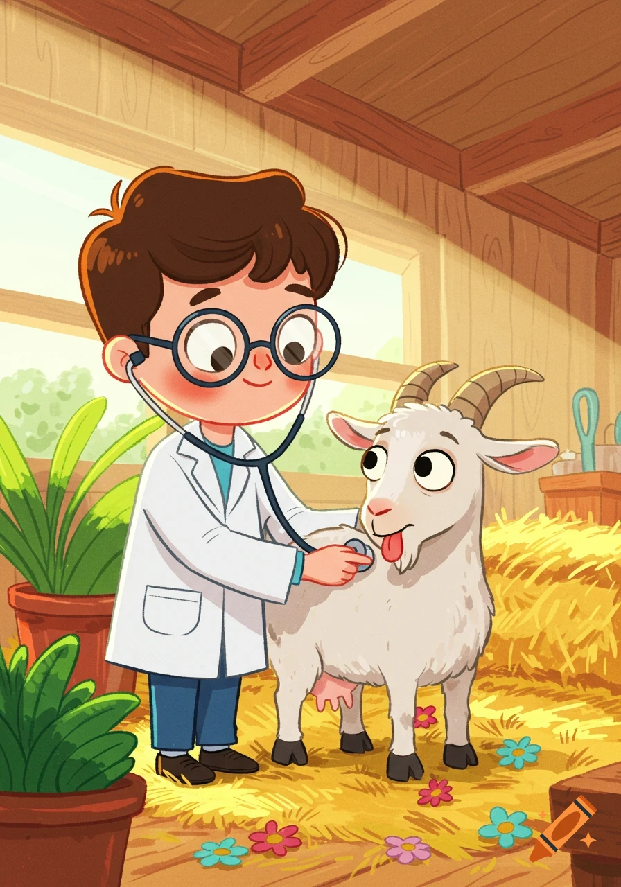 A cartoon boy in a doctor's coat uses a stethoscope on a smiling goat in a barn.