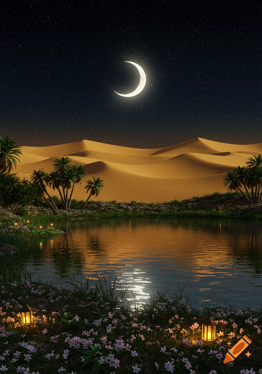 A serene night desert oasis with a bright crescent moon and stars above, reflecting in a calm body of water surrounded by palm trees, flowers, and glowing lanterns.