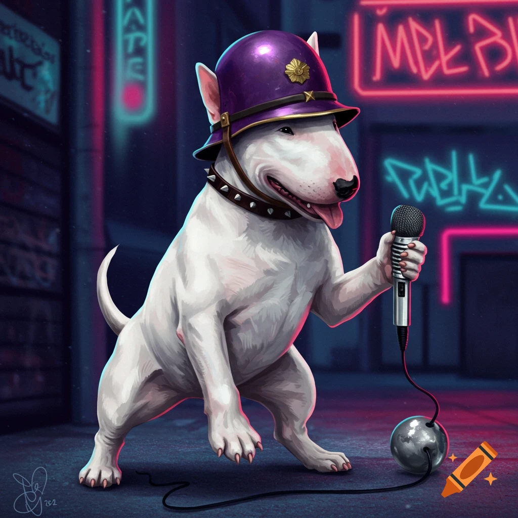A white bull terrier wearing a purple helmet and a spiked collar, holding a microphone, stands on a neon-lit street at night.