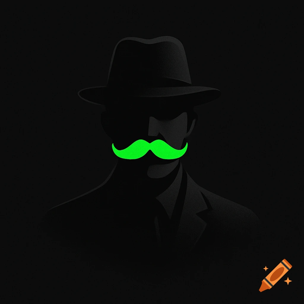Minimalist illustration of a man's silhouette in a fedora hat with a glowing bright green mustache against a black background.