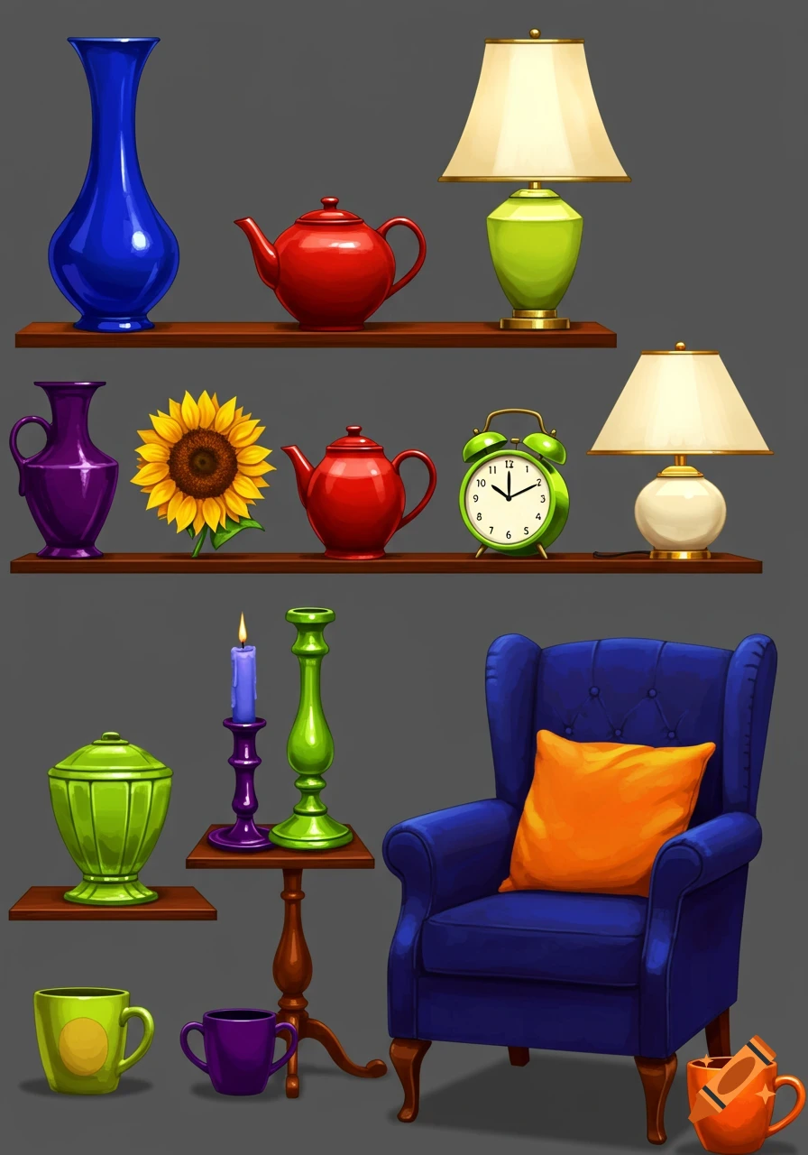 Digital illustration of colorful household items including vases, teapots, lamps, a sunflower, alarm clock, and a blue armchair.