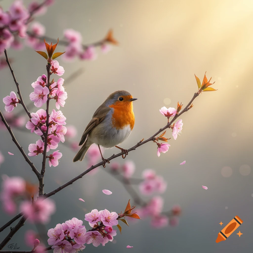 Photorealistic robin with an orange breast perched on a branch covered in pink blossoms, with a soft, sunlit background.