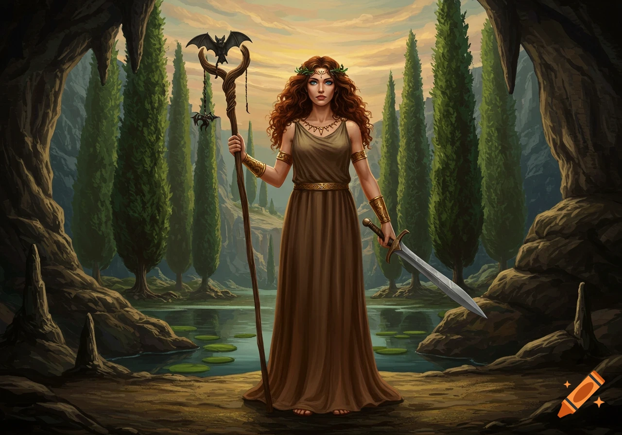 A Greek goddess with long brown hair stands within a cave opening, holding a bat-topped staff and a sword, with cypress trees and a pond in the background.