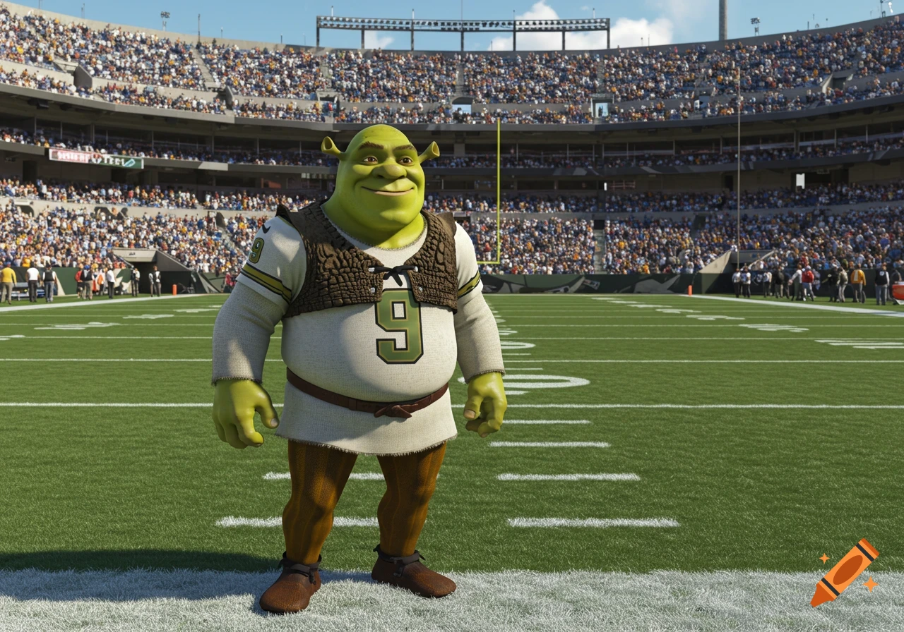 Shrek, wearing a white football jersey with a green '9', stands on a football field in a stadium full of spectators in a photorealistic style.