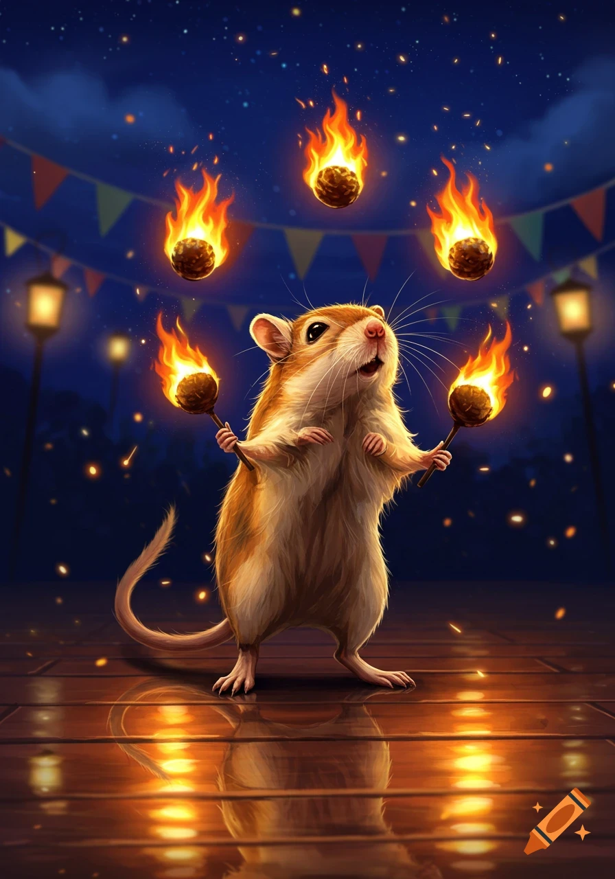 A cute gerbil stands on a wooden stage at night, juggling five glowing fiery orbs with a festive carnival background.