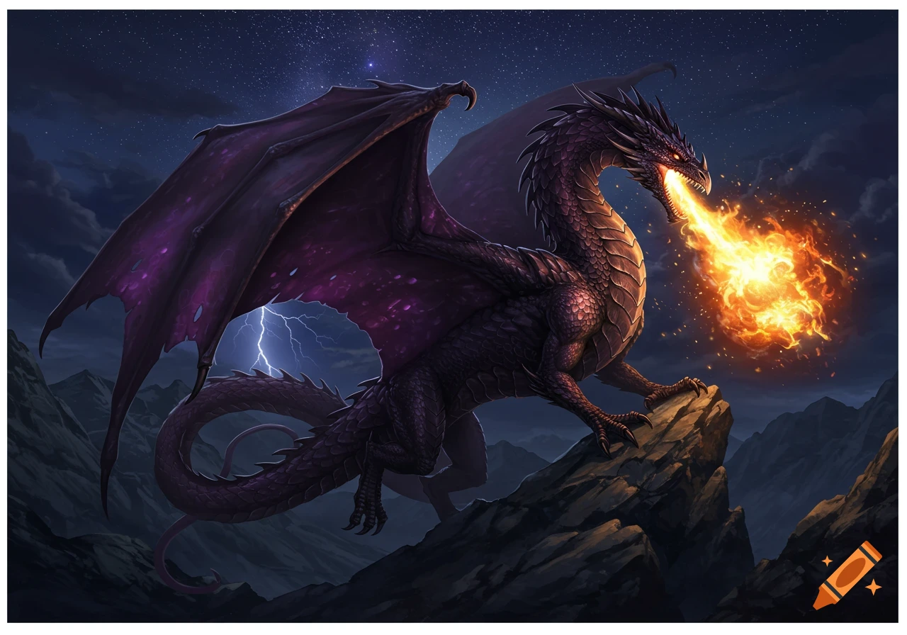 A purple and black dragon breathes fire while standing on a rocky peak under a starry, stormy night sky with lightning.