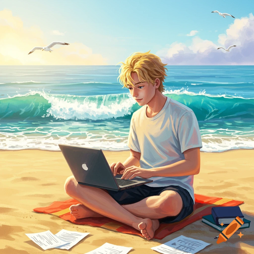 An anime-style blonde man sits cross-legged on a beach towel on the sand, typing on a laptop with ocean waves and seagulls in the background.
