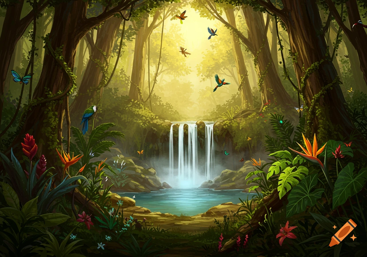 Vibrant illustration of a lush rainforest with a waterfall, exotic birds, and colorful butterflies under a sunny canopy.