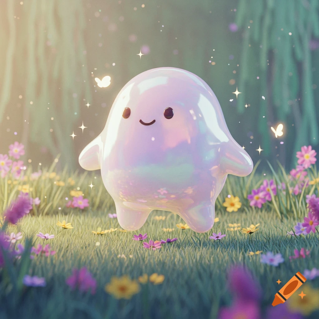 A shiny, pearlescent blob character with a happy face in a vibrant meadow  with colorful flowers and glowing butterflies, 3D art. on Craiyon, image size:1024x1024
