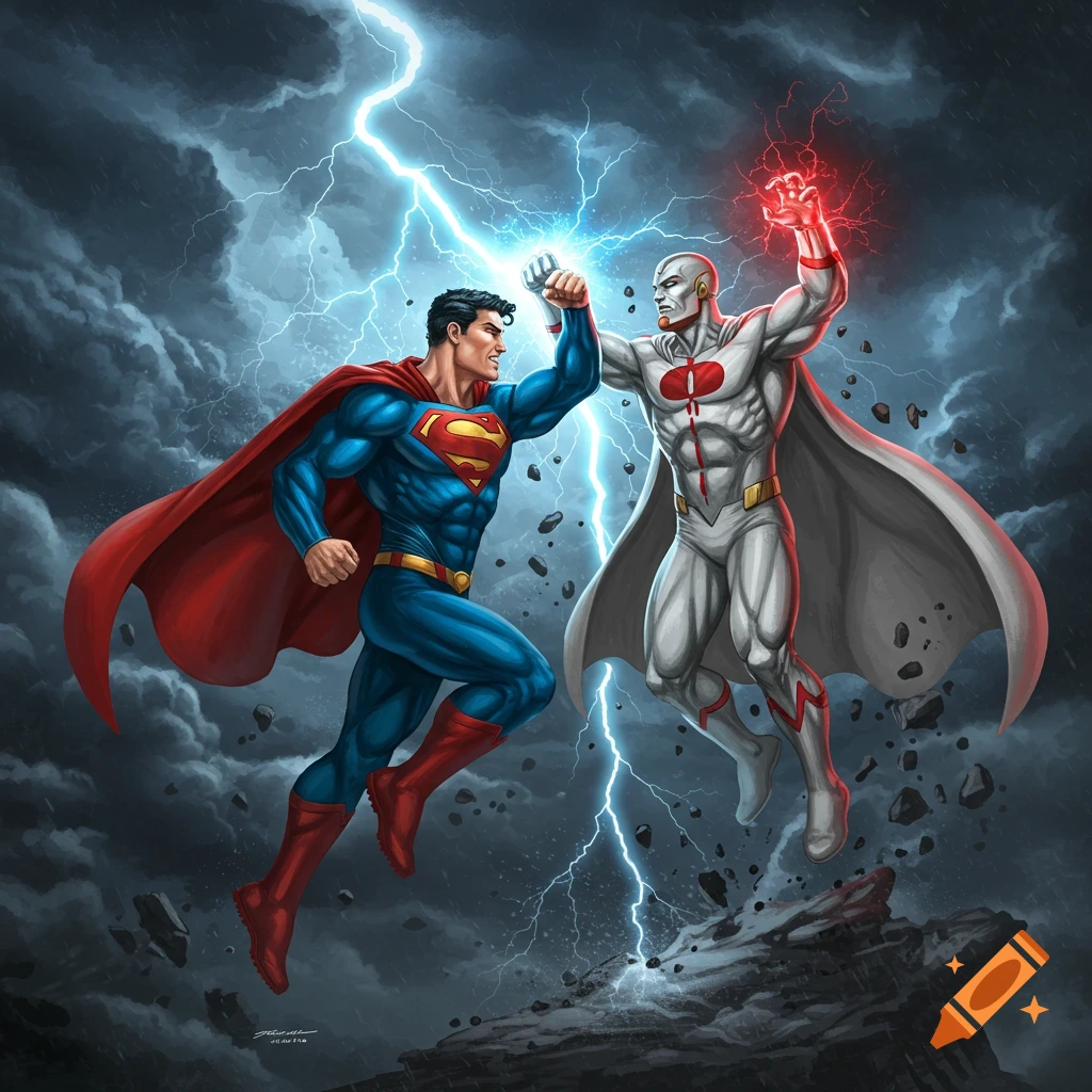 Superman and a white-suited superhero clash fists amidst lightning in a stormy sky, comic art style.