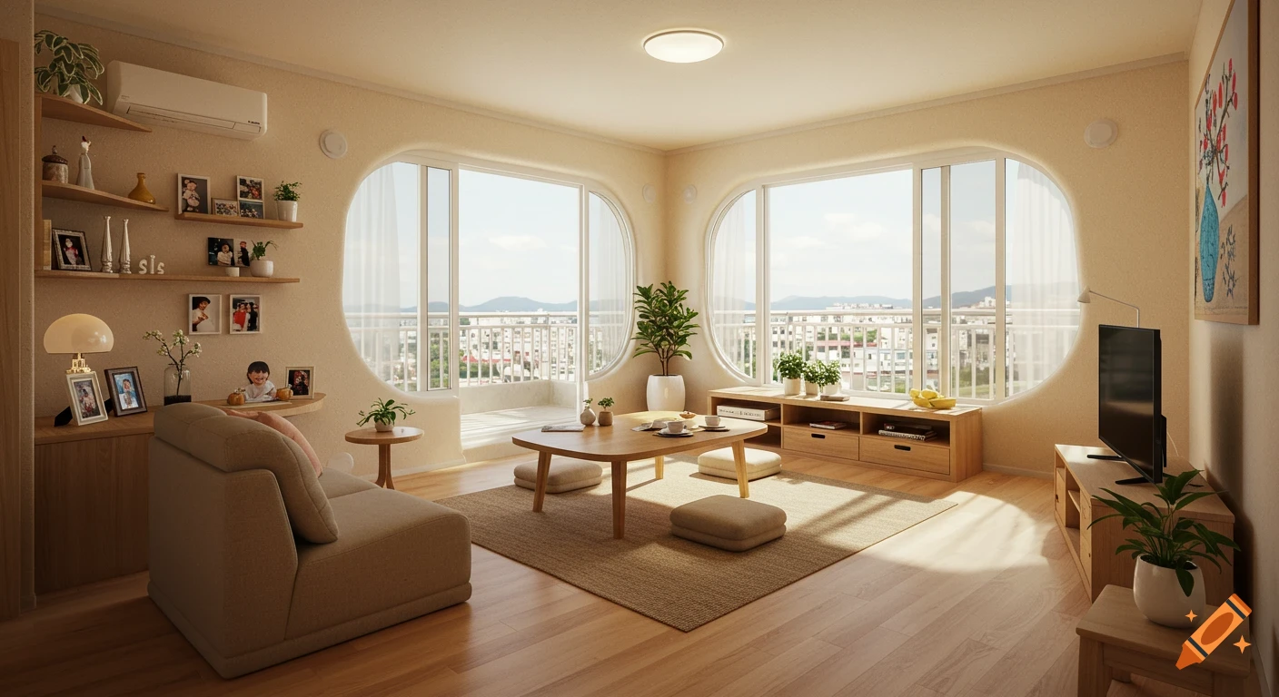A warm, modern living room with floor seating, large curved windows overlooking a city, and shelves with family photos.