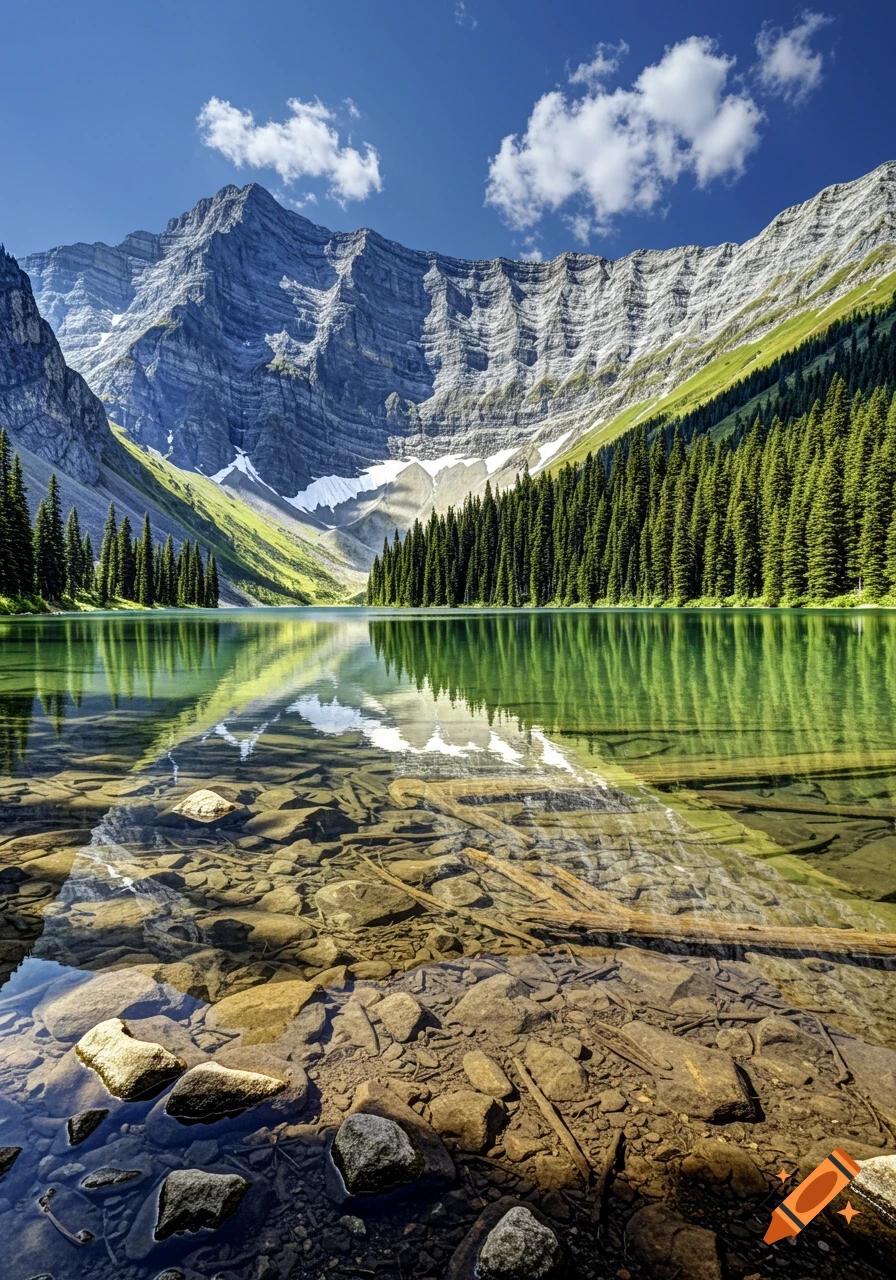 A clear mountain lake reflects jagged peaks and a dense pine forest under a blue sky, with visible rocks and logs on its shallow bottom.