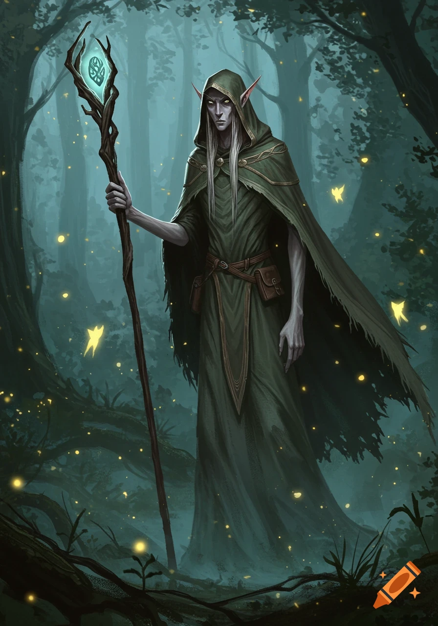 A tall, pale elf in a green hooded cloak stands in a dark, misty forest, holding a glowing magical staff.