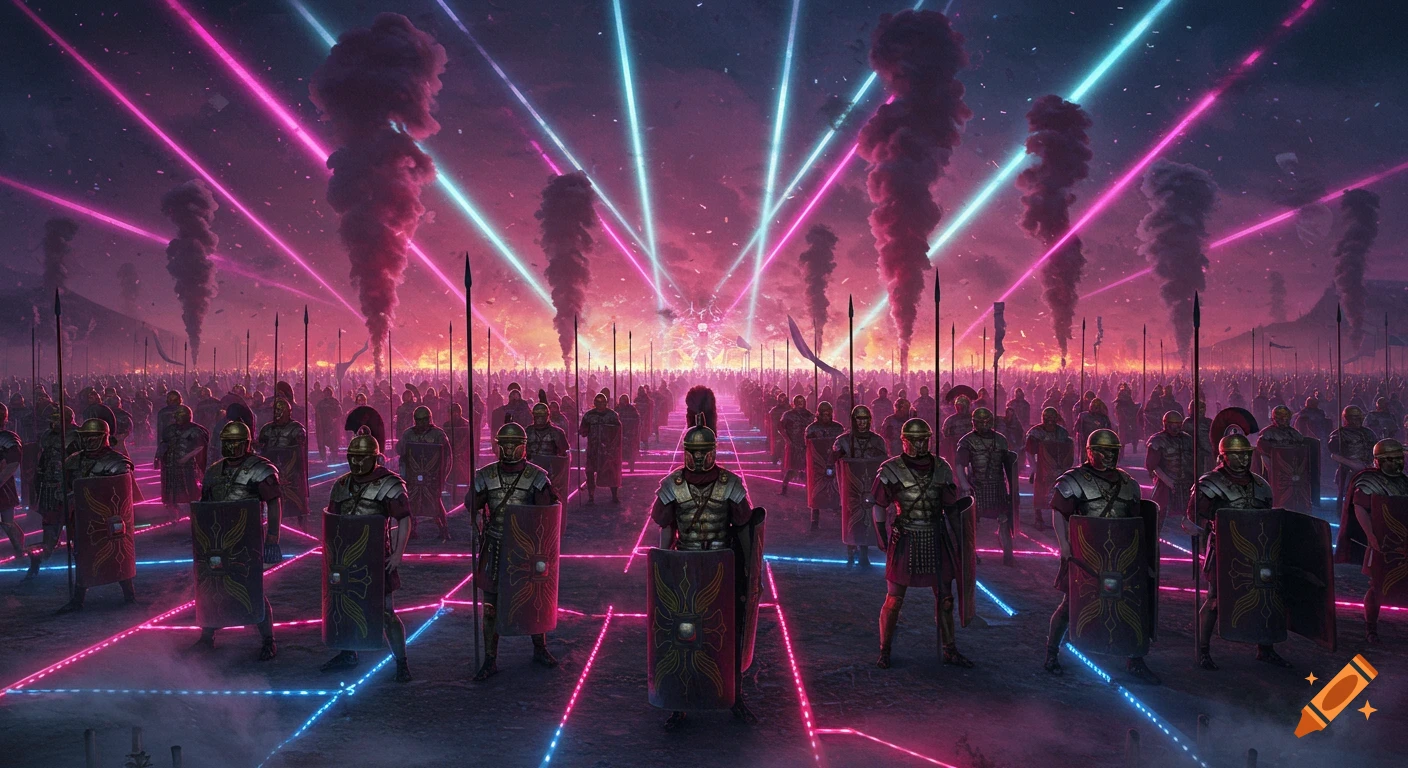 Roman soldiers in battle formation on a battlefield under neon pink and blue laser beams and smoke, creating a futuristic rave scene.