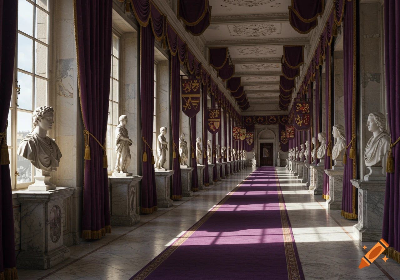 A grand royal hallway with statues, purple velvet curtains, and banners with coats of arms, illuminated by sunlight.