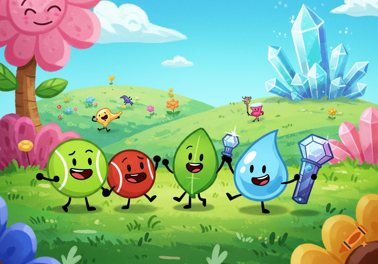 Four cartoon objects with faces and limbs are holding crystal wands and walking across a vibrant green hill with large crystals and flowers.