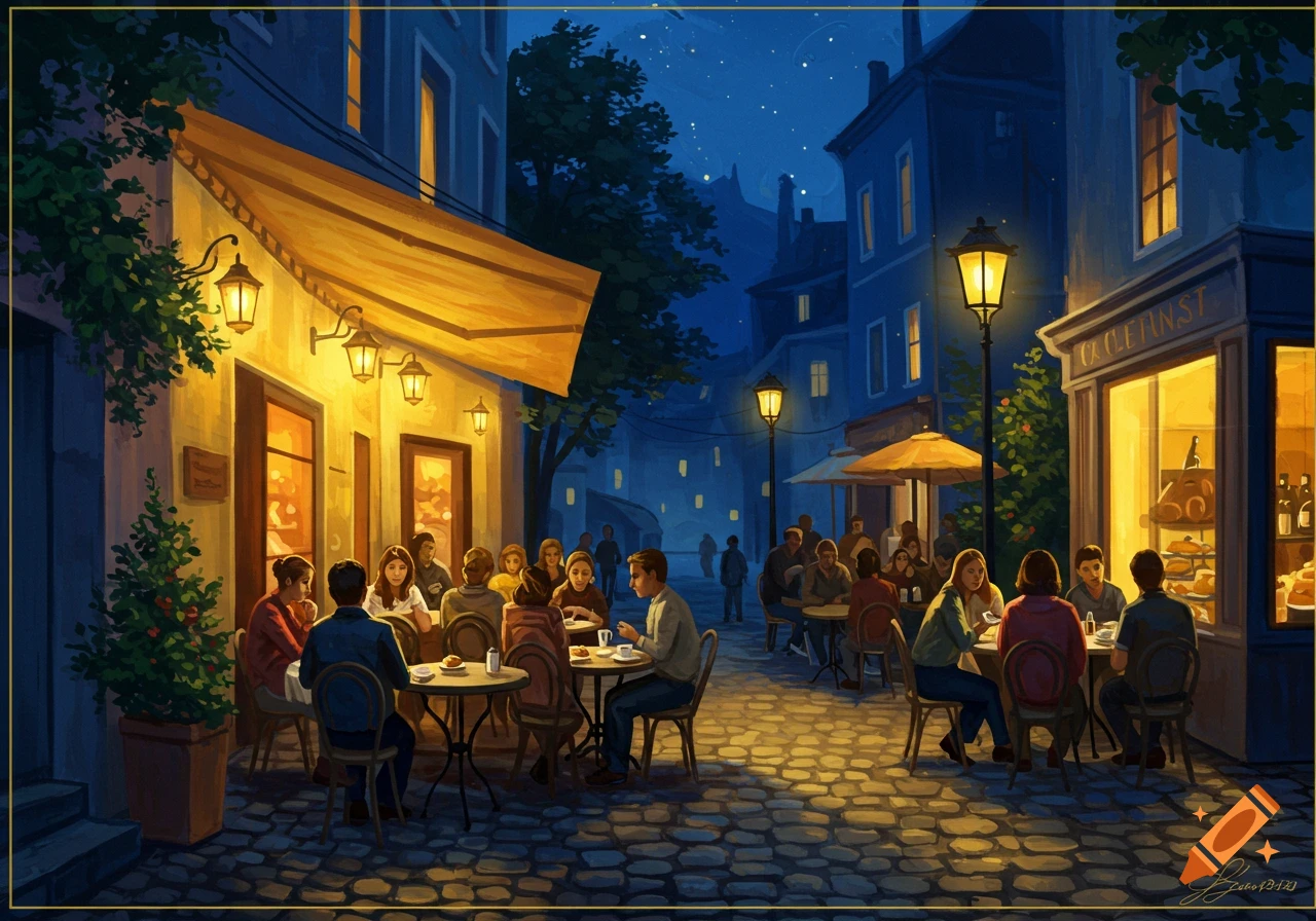 A vibrant painting of an outdoor cafe terrace at night, with many people dining under warm lantern light on a cobblestone street, stars visible in the dark sky.