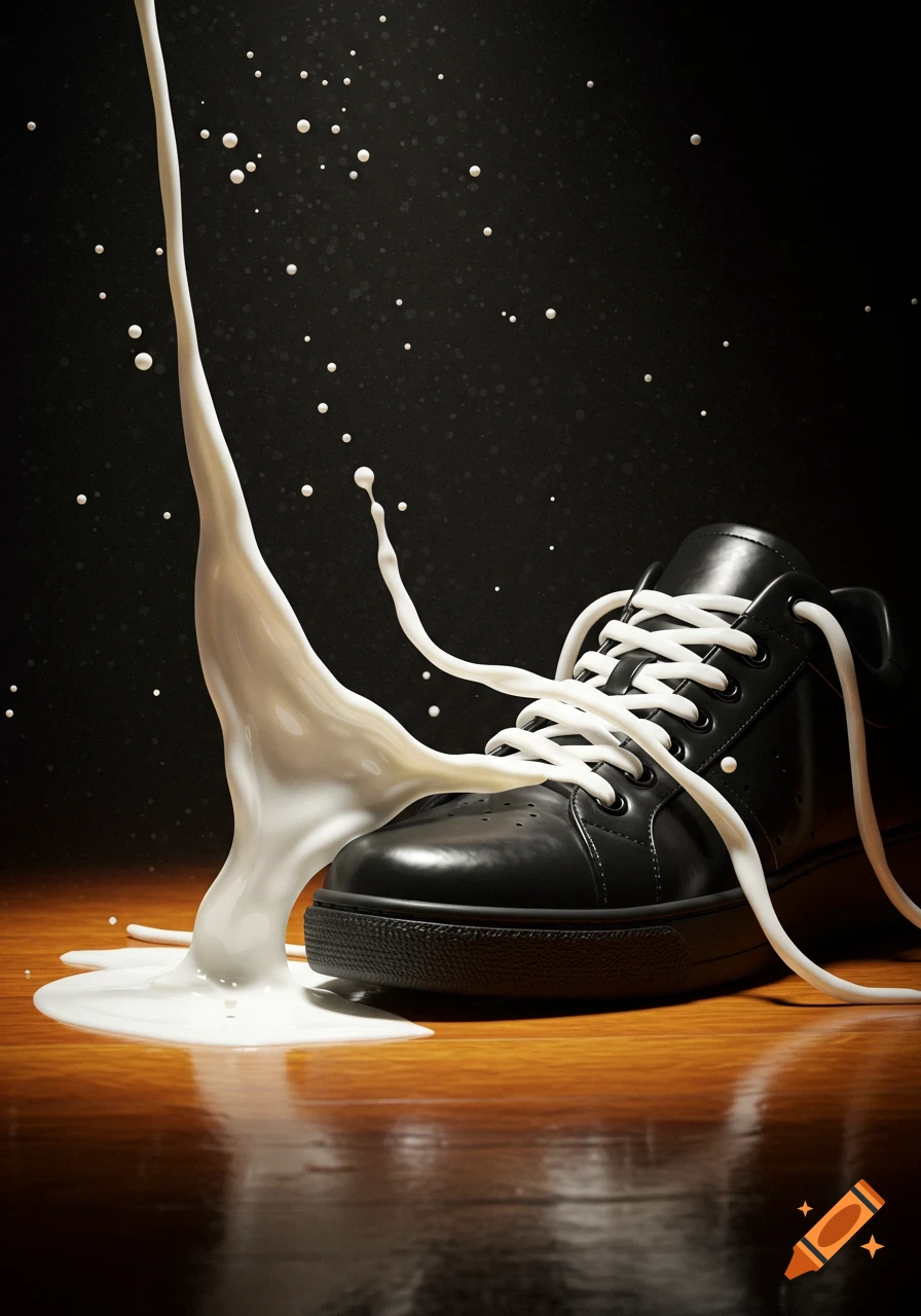 A photorealistic image of a black shoe with white milk splashing over it, forming liquid shoelaces, on a glossy wooden surface.