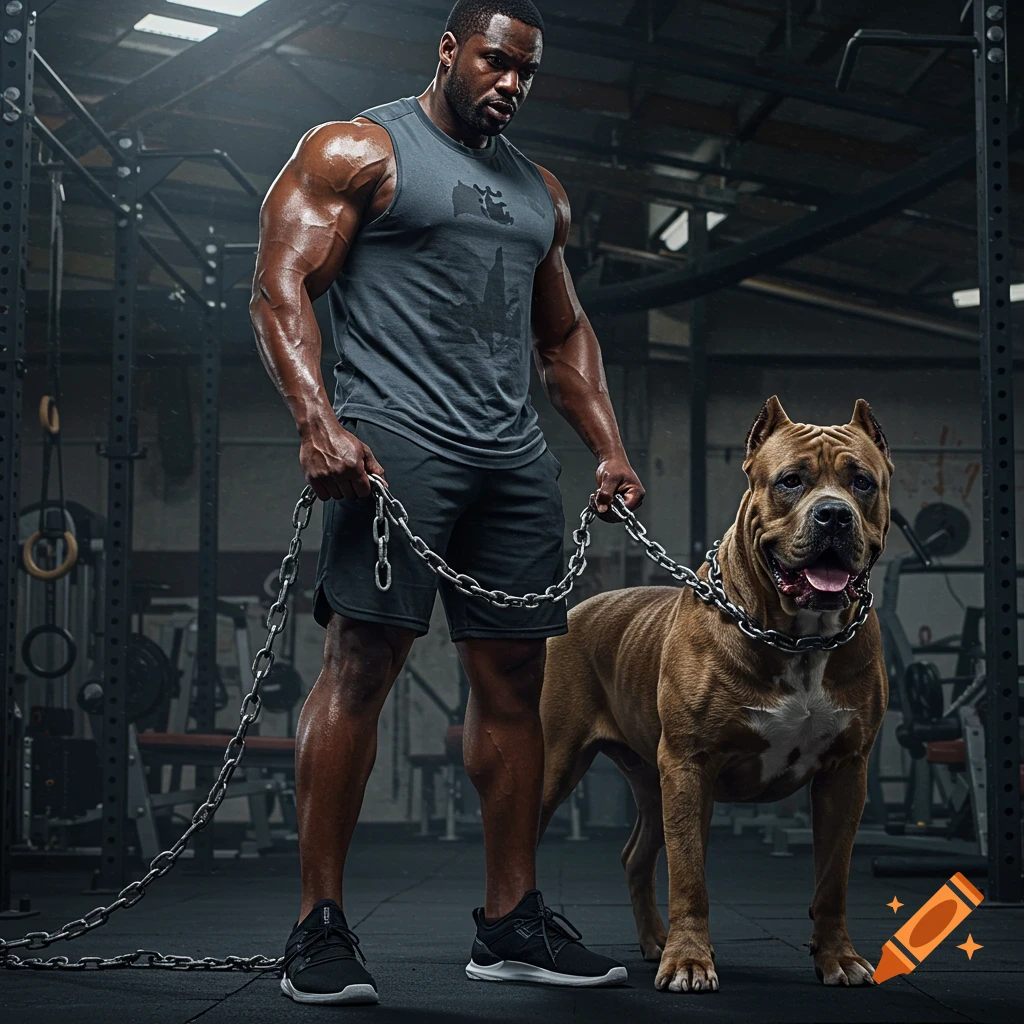 Muscular Black man in a gym holding a large metal chain attached to a powerful brown Presa Canario dog. Photorealistic style.