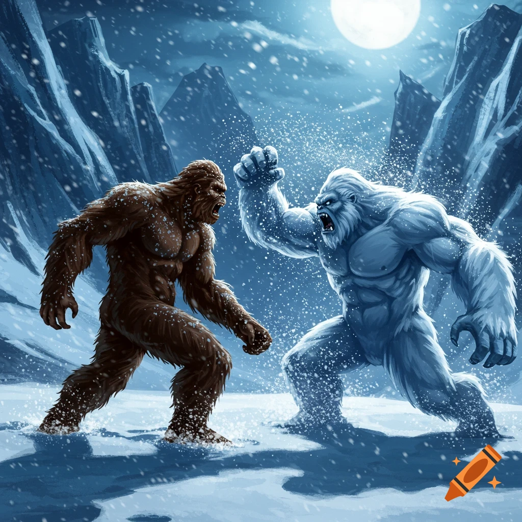 An illustration of a brown Bigfoot and a white Yeti fighting in a snowy mountain landscape under a full moon.