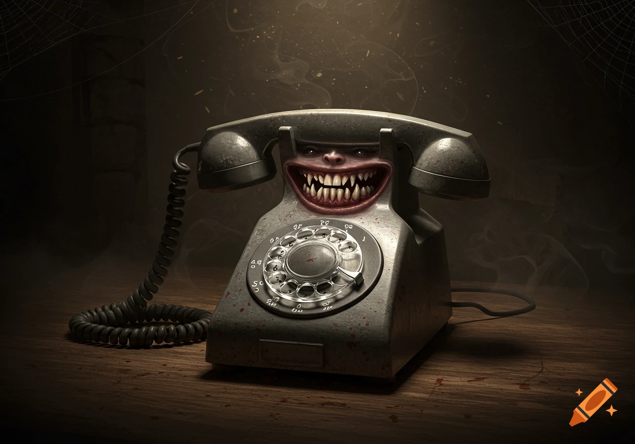 A dark, spooky image of an old rotary telephone with a monstrous face and sharp teeth, surrounded by spiderwebs.