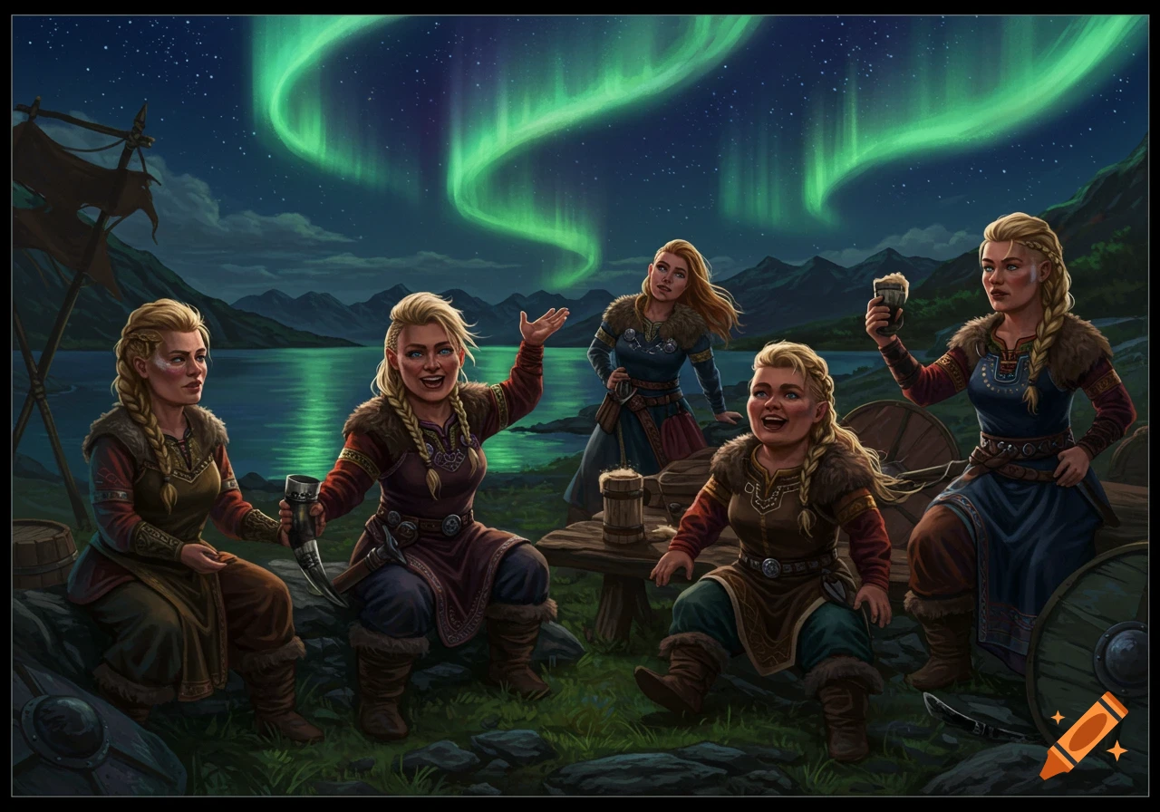 Five cheerful Viking women gather by a lake under a vibrant green aurora borealis, enjoying drinks and conversation in an illustrated fantasy scene.
