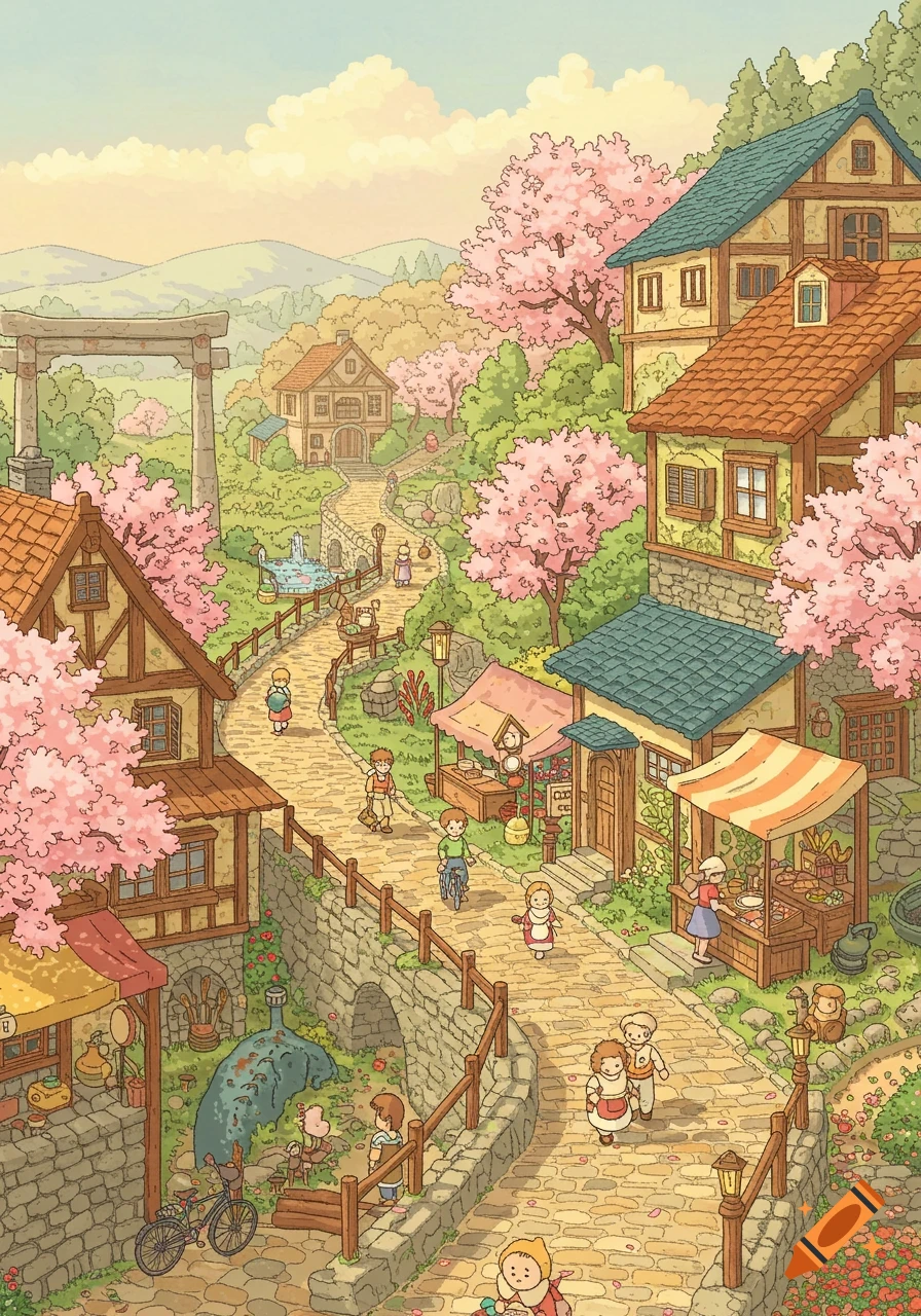 A charming Ghibli-style illustration of a bustling village path in springtime, with cherry blossoms, market stalls, and people walking.