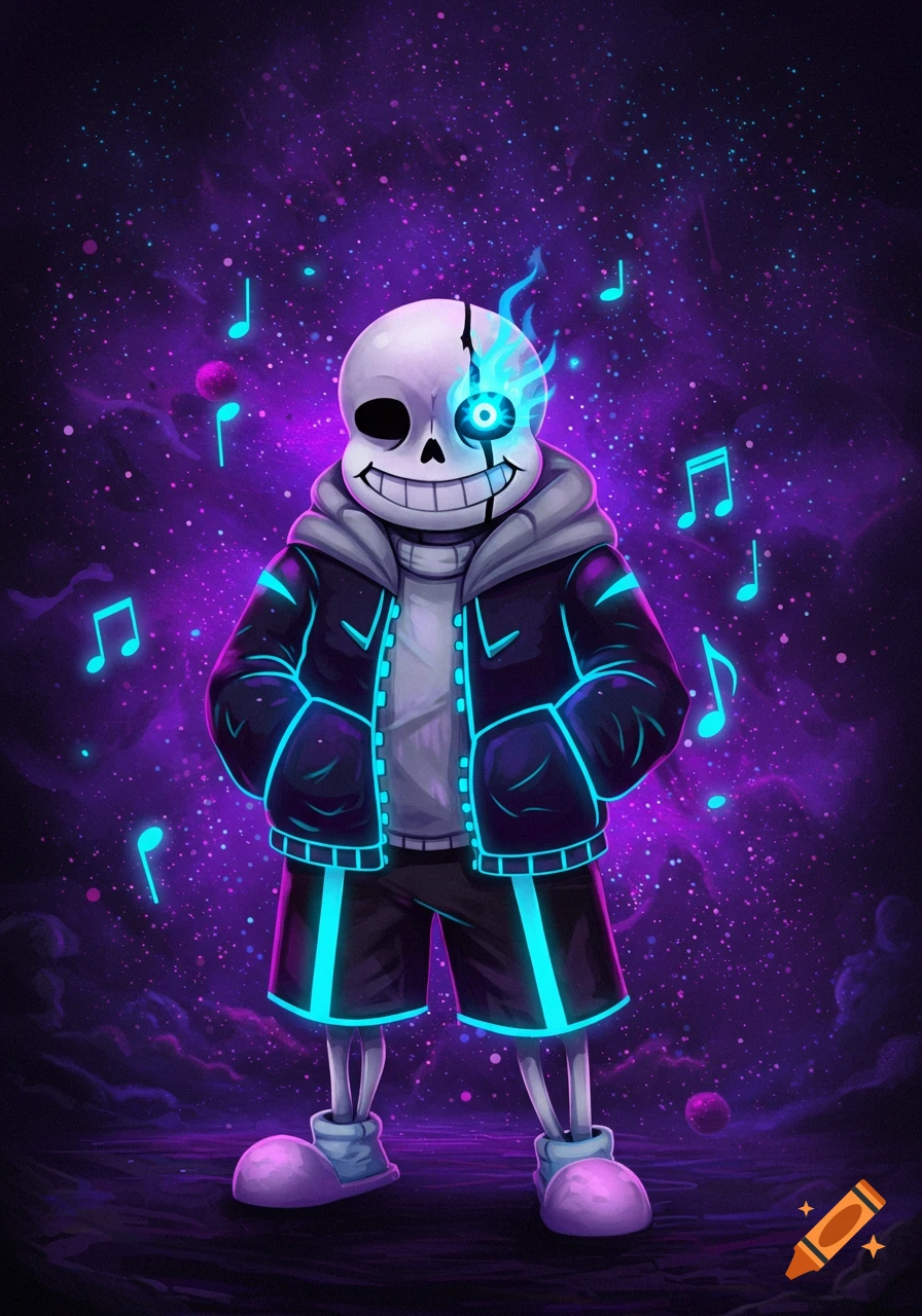 Digital art of Sans from Undertale, a skeleton with a glowing blue eye, wearing a black jacket with blue neon lines, standing in a purple galaxy background with musical notes.