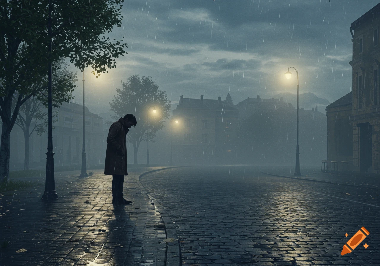 A lone person stands with head down on a dark, rainy cobblestone street at night, illuminated by streetlights.