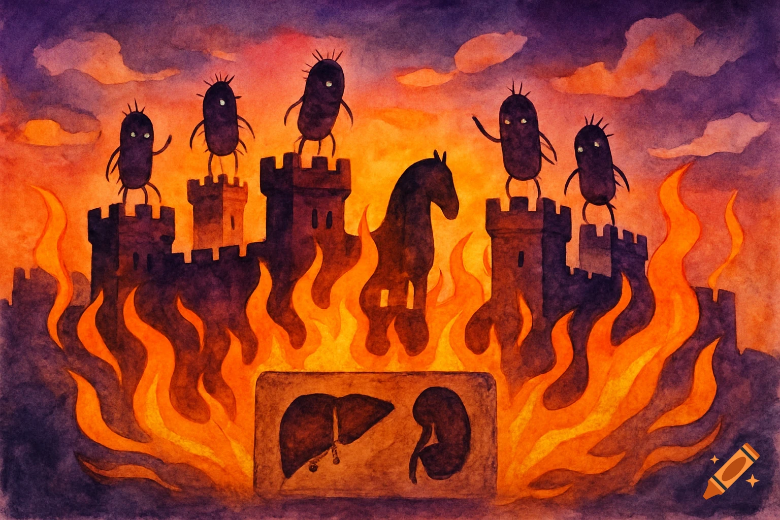 Watercolor art of anthropomorphic Salmonella on burning Troy castle walls, a Trojan horse aflame, and symbolic liver and spleen icons.