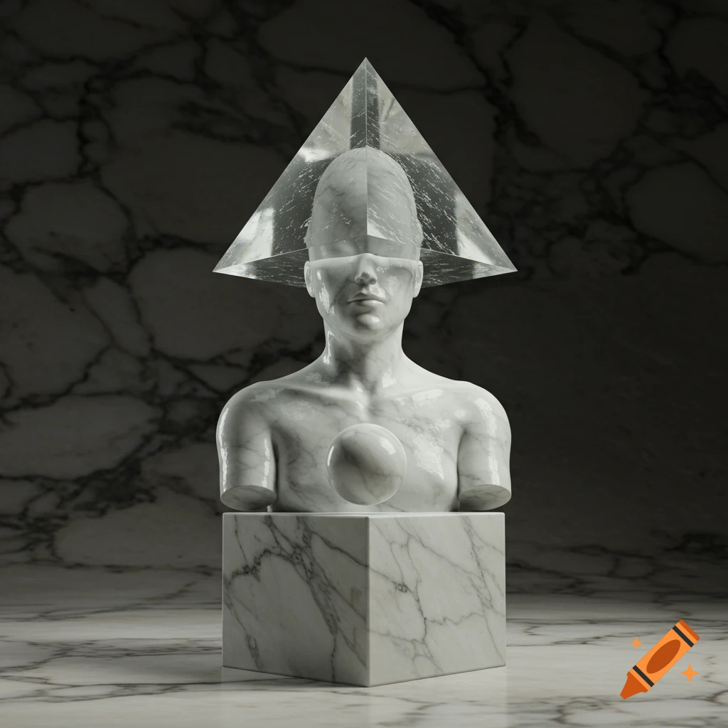 White marble surreal bust on a cube base, with a crystal pyramid for a head and a sphere in the chest.