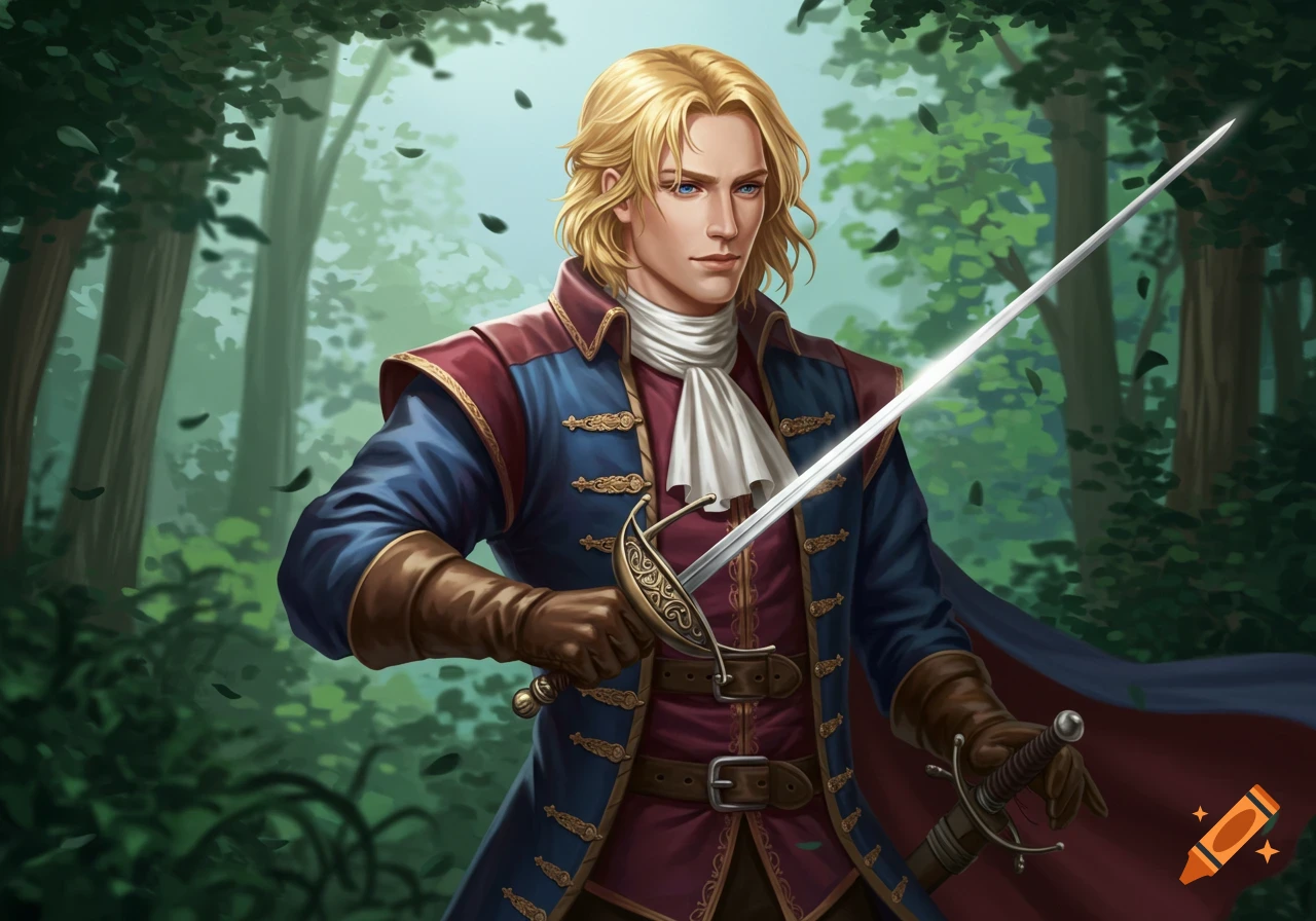 A dashing blonde swordsman in historical fantasy attire, holding a gleaming rapier in a forest.