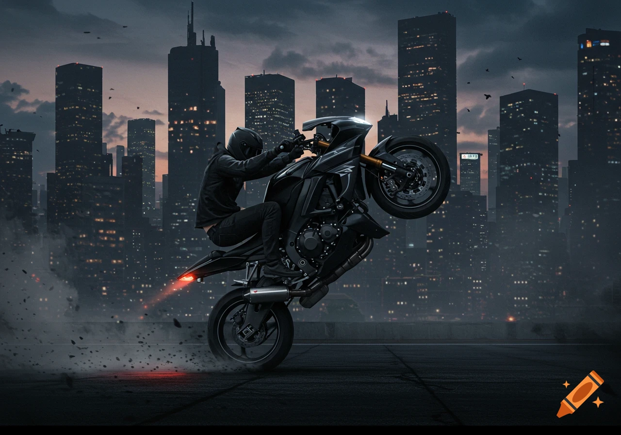 A person in black does a wheelie on a black motorcycle against a dark city skyline at dusk, with red taillights and smoke.