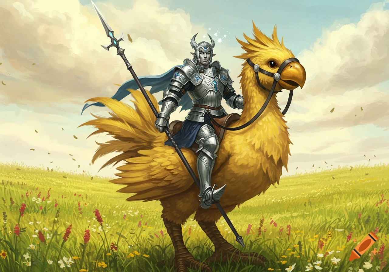 A gray-skinned paladin in silver armor rides a large yellow chocobo through a green field, wielding a spear. Digital painting.