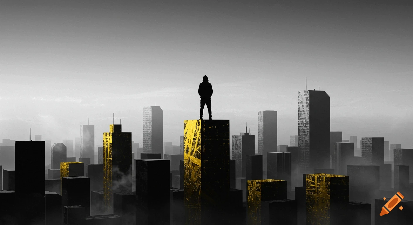 A silhouetted man in a hoodie stands atop a tall, black and gold building, overlooking a misty, monochromatic cityscape.