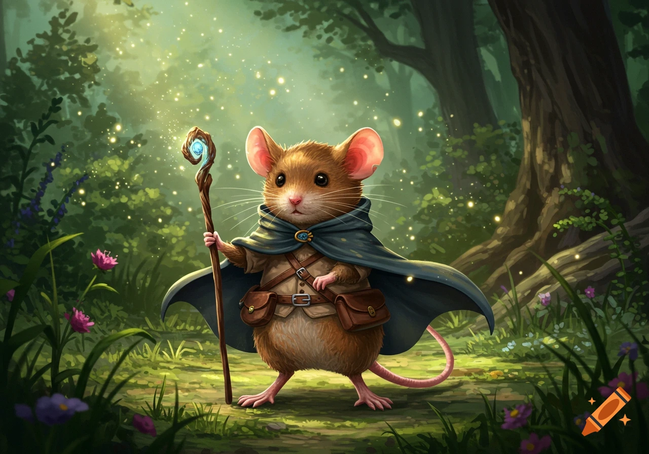An adventurous brown mouse wearing a dark blue cloak and holding a glowing staff stands in a magical, sun-dappled forest.